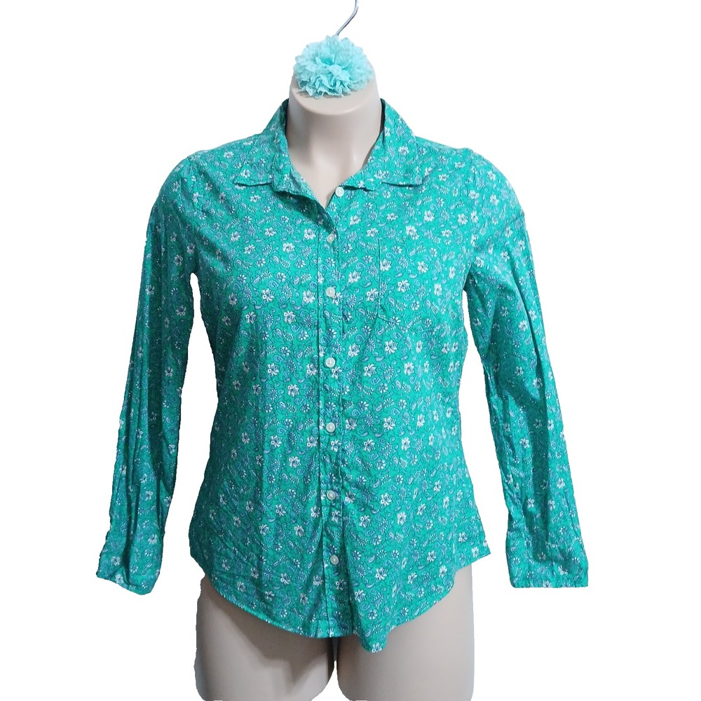 J Crew Cotton Women Button Up Shirt Top L Green Floral Paisley Preppy Office Job